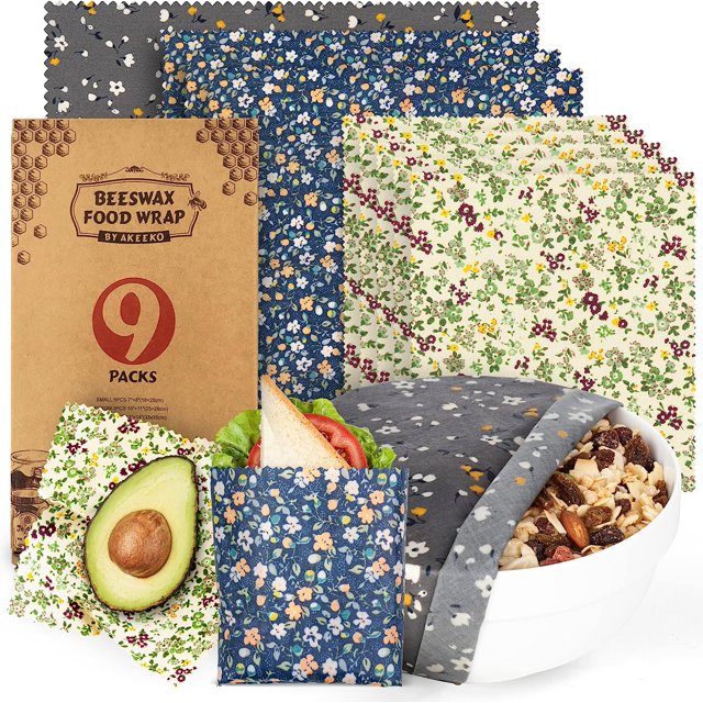 Akeeko Reusable Beeswax Food Wraps - Assorted 9 Packs, Eco-Friendly Reusable Wrap, Biodegradable, Zero Waste, Organic Cloth, Sustainable, Plastic-Free Food Storage, 1Large, 3Medium, 5Small Sizes