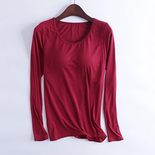 RKSTN Pyjama pour Femmes Mode Couleur Unie Col Ras du Cou Léger avec Soutien-Gorge Rembourré Intégré Manches Longues Tenue de Nuit Confortable Automne Mode Hiver Décontracté une Pièce Haut de Nuit