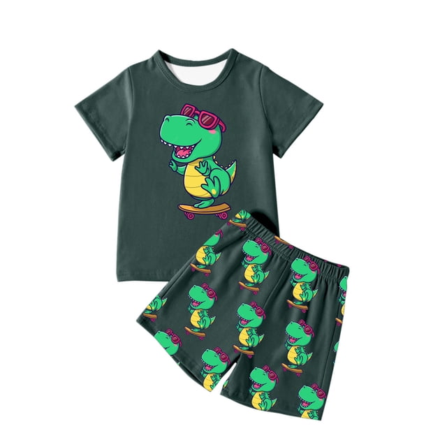 MIASHUI Ensembles et Ensembles pour Garçons Imprimé Dinosaure T-Shirt à Manches Courtes Col Ras du Cou et Ensemble de Shorts pour Tenue Décontractée Âges 4-12 pour Activités Quotidiennes et de Plein Air