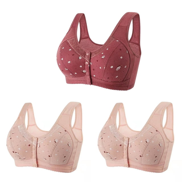 Bigersell Front Closure Bras for Seniors 3pcs Full Coverage Bra Style R-18 Breathable Padded Bras Pack R-18-wine