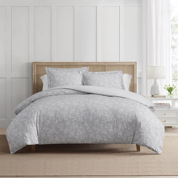 Martha Stewart Everyday 3 Piece French Bird Printed Cotton Comforter Set, Grey, King
