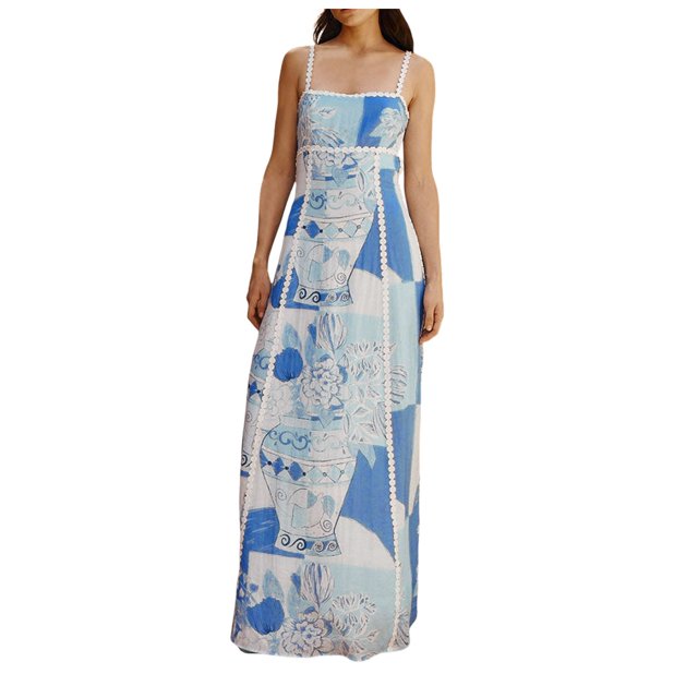 Kcodviy Robe Évasée Sans Manches à Bretelles Spaghetti pour Femme, Imprimée à Empiècements, Moulante, de Soirée, Midi, Robe pour Femme, Tenue de Boîte de Nuit, Robe de Vacances