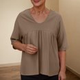 thumbnail image 2 of Liquidation d'Économies! Hauts pour Femmes Grande Taille, Blouse d'Été à Manches Courtes pour Femmes, Chemisiers Unis pour Femmes Raglan à Manches Mi-Longues à Col en V Patchwork Haut Plissé, 2 of 5