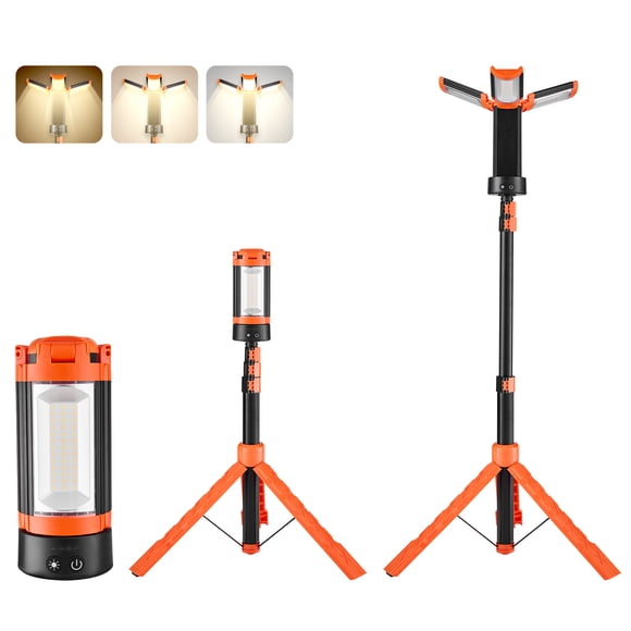 VEVOR LED Work Light with Stand, 8Ah, Rechargeable Cordless Camping Light, with 3 Lamp Heads, Detachable Tripod Stand, 2200 Lumens 3000K-6500K Dimmable, Portable Construction Lighting for Job Site