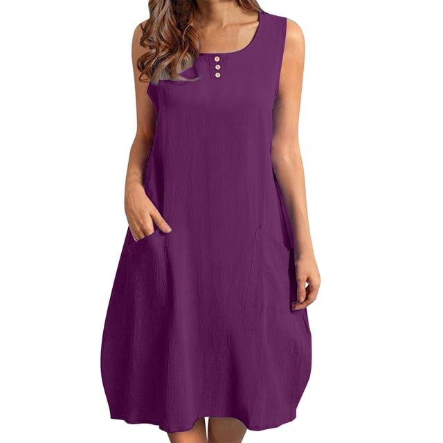 yoeyez Robes d'Été pour Women 2025 Tendance Coton Lin Grande Taille Robes Maxi Sans Manches Col Rond Robe Unie Violet,TG