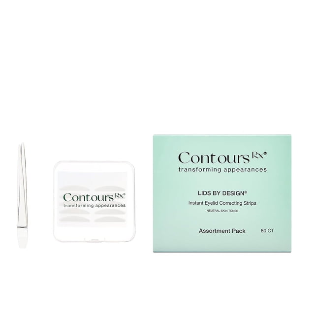 Contours Rx Lids By Design Assortment Pack with instant eyelid correcting strips in various sizes for a customizable, non-surgical lift. Includes a mint green box labeled 'Assortment Pack' with 80 strips, a clear case displaying hypoallergenic strips, and a pair of tweezers.