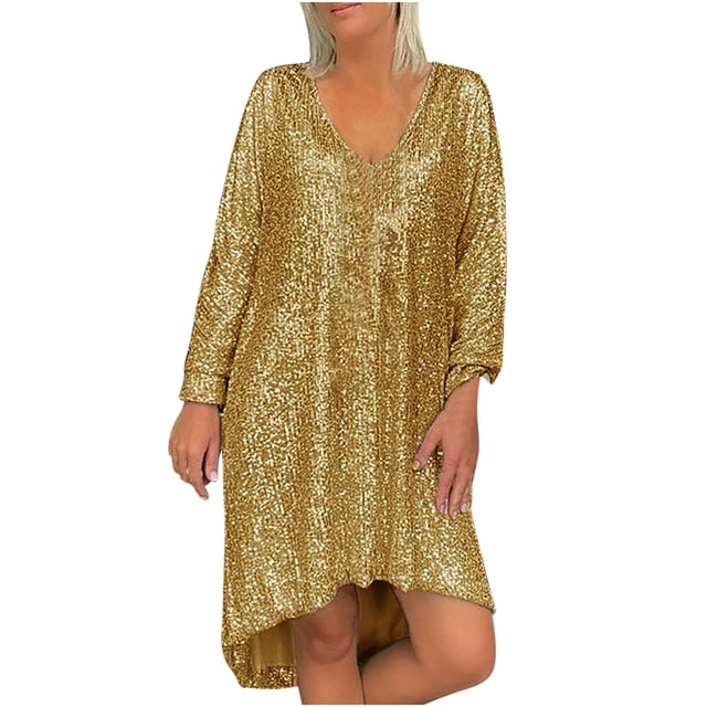RKSTN Robes de Retour à la Maison pour Femmes Grande Taille Robe à Paillettes Col en V Manches Longues Longueur Genou Mode Automne Invité de Mariage Robe Cocktail