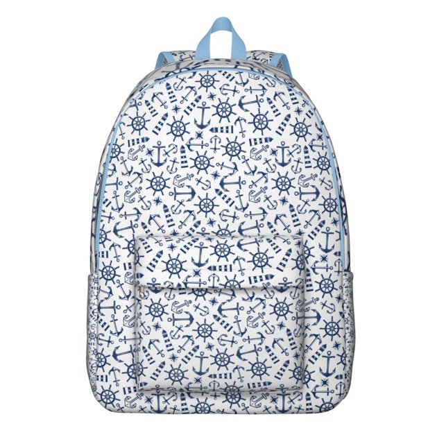 Helm Rudder Mast Sail Coast Travel Backpack 鈥?Lightweight Canvas Bookbag with Nautical Marine Pattern, Comfortable Carrying, Anti-theft Features for Students, Travelers, and Beach Trips