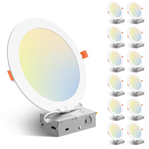 Amico Lot de 12 Plafonniers Encastrés Ultra-Fins 8 Pouces 5CCT avec Boîte de Jonction, 2700K/3000K/3500K/4000K/5000K, 18W Eqv 125W, Downlight Dimmable Sans Canettes, 1600LM Haute Brillance