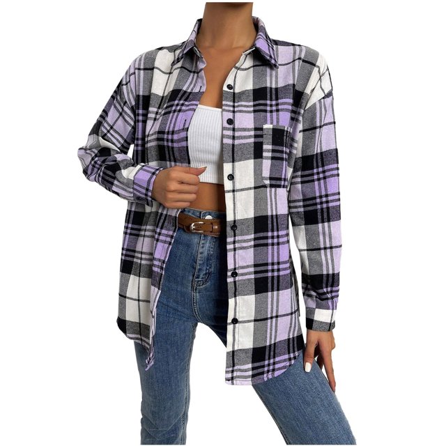 Pompotops Mode Femmes Décontracté Poches Imprimé Manches Longues Hauts Veste Manteau à Carreaux Liquidation