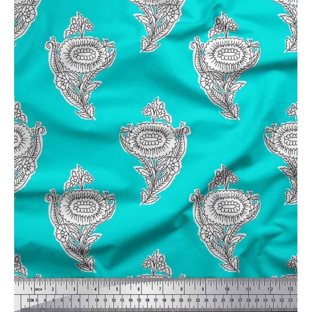 Soimoi Georgette Viscose Fabric Leaves & Floral Block Print Fabric by Yard 42 Inch Wide