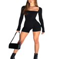 thumbnail image 3 of Ribbed Knit Bodycon Short Jumpsuit Long Sleeve Square Collar Sport Biker Short Rompers, 3 of 5