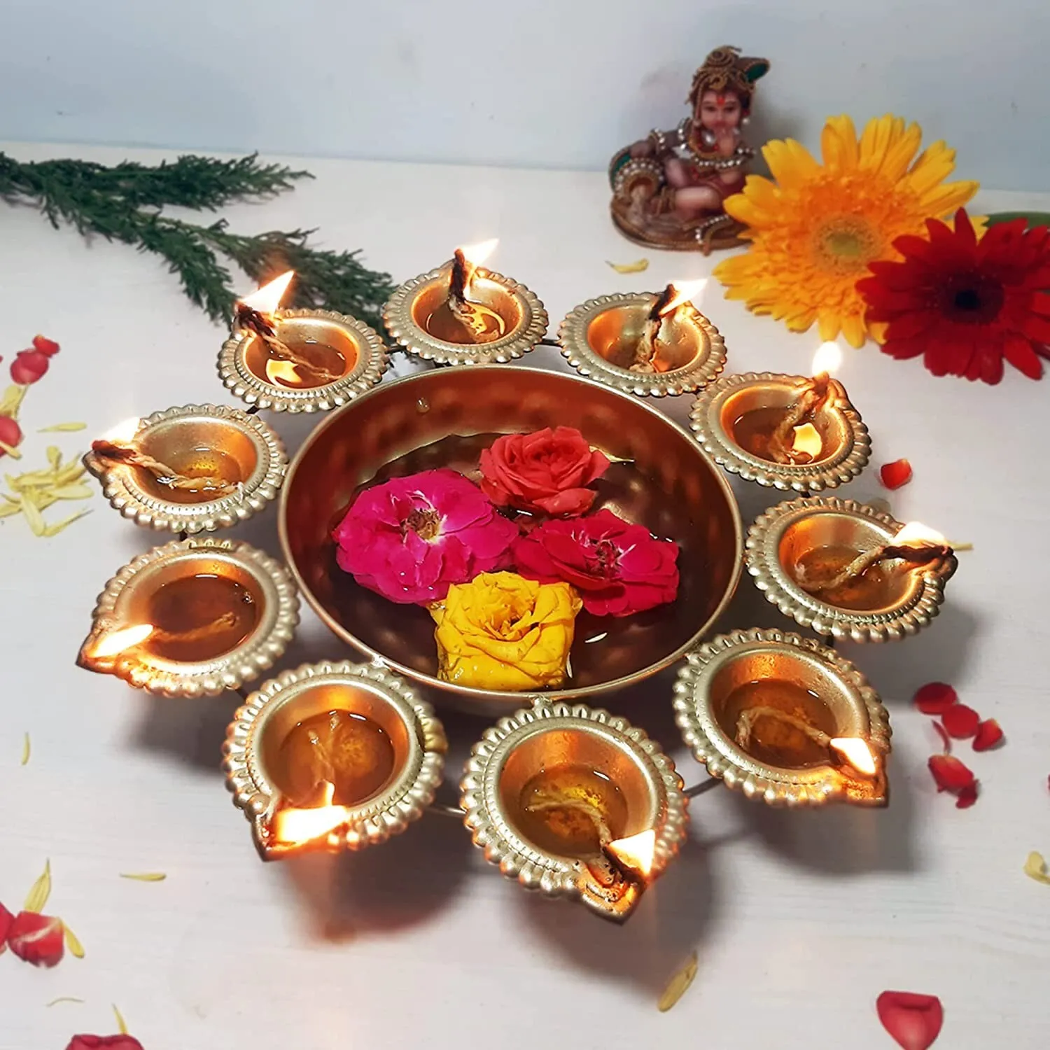 Diya Shape Flower Decorative Urli Bowl for Home Handcrafted Bowl for Floating