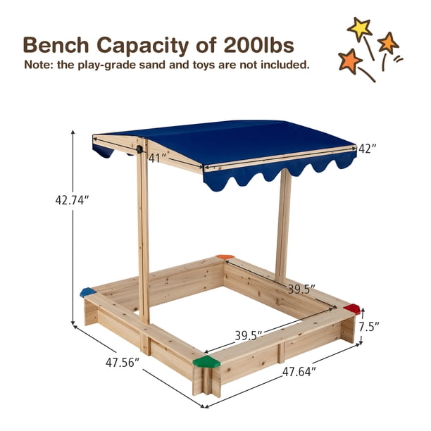 Tectake Bac à Sable En Bois Avec Toit Réglable – 120x120x120 Cm – Pin Lasuré – Protection Solaire – Dès 3 Ans