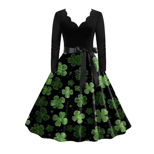 Pisexur Robe à Manches Longues à Col en V pour Femme, Robe à Col en V à Manches Longues pour la Saint-Patrick, Grande Robe Imprimée à Quatre Feuilles, Robe Sans Manches à Manches Longues à Col en V pour Femme, Robe pour Femme