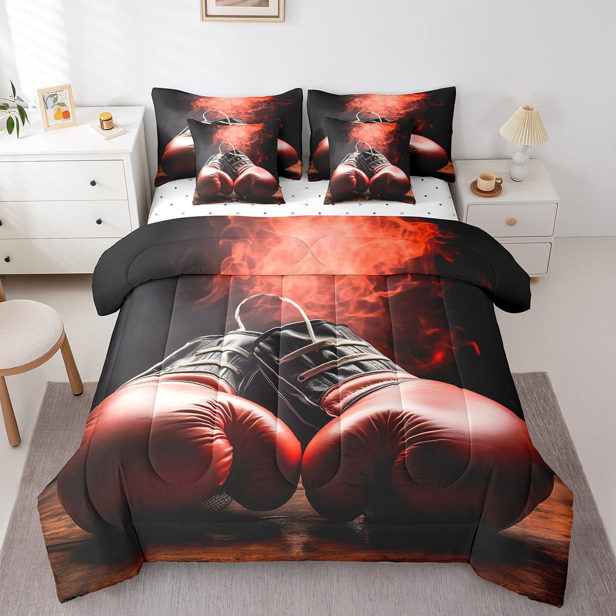 YST Boxing 7 Pcs Comforter Set Sports Game Theme Sheet Set Bed In A Bag For Boys Children Men Room Decorative Boxing Gloves Pattern Down Comforter Twin Size