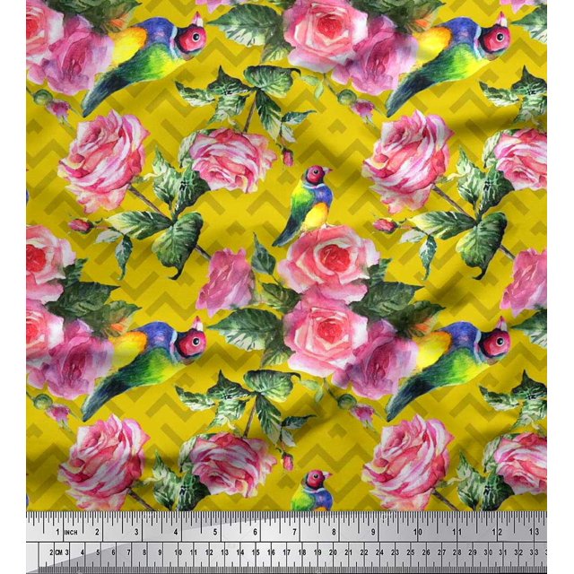 Soimoi Poly Georgette Fabric Bird,Leaves & Rose Floral Printed Craft Fabric by the Yard 52 Inch Wide