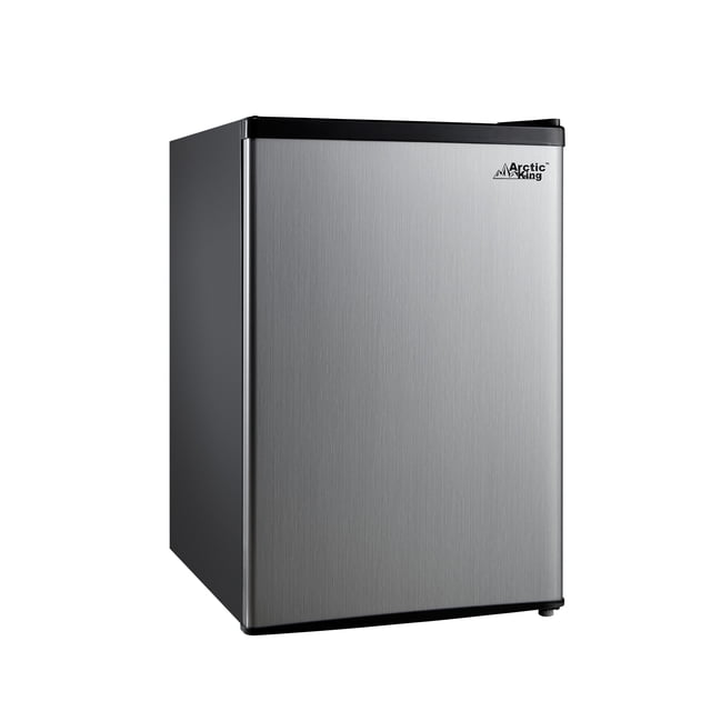 Arctic King 2.4 Cu Ft Single Door Mini Fridge with brushed stainless steel front and black sides, compact rectangular design ideal for small spaces, featuring the Arctic King logo and efficient cooling for food and drinks, often used in offices or dorm rooms.