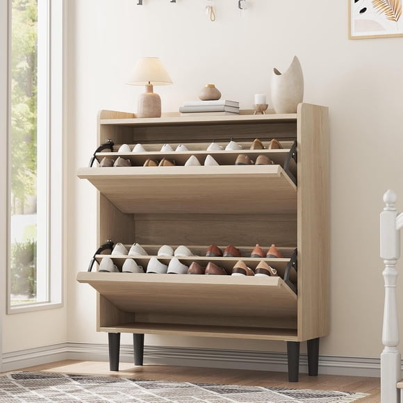 2 Shoe Cabinet with Flip Drawers, Wooden Shoe Cabinet with Adjustable Shelf, Freestanding Shoe Organizer, Hidden Shoe Storage for Entryway Hallway, Living Room, Natural Oak