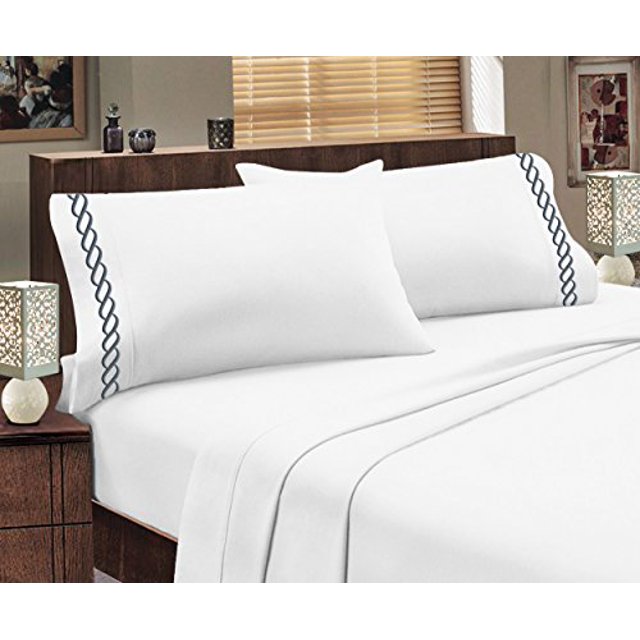 Greek Design Ultra Soft Egyptian Comfort Embroidery Sheet Set (Full, White & Grey)