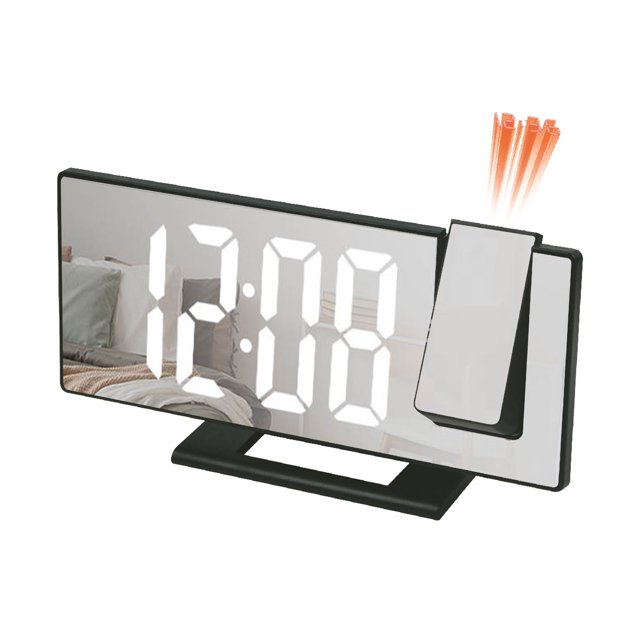 EGNMCR Réveil à Projection pour Chambre avec Affichage Numérique à DEL, Doté d'Un Projecteur Réglable à 180° pour Projeter l'Heure et la Température au Plafond Ou au Mur. l'Horloge Présente un design de Miroir Élégant, une Fonction Répétition (snooze) et un Réglage de Luminosité à 3 Vitesses. Elle Mesure 18,5 X 4,2 X 9,5 cm et Est Fabriquée en Matériau ABS Noir. Idéale pour la Table de Chevet, Elle Comprend un mode Demi-Lumière Automatique pour le Confort des Yeux et l'Efficacité Énergétique.