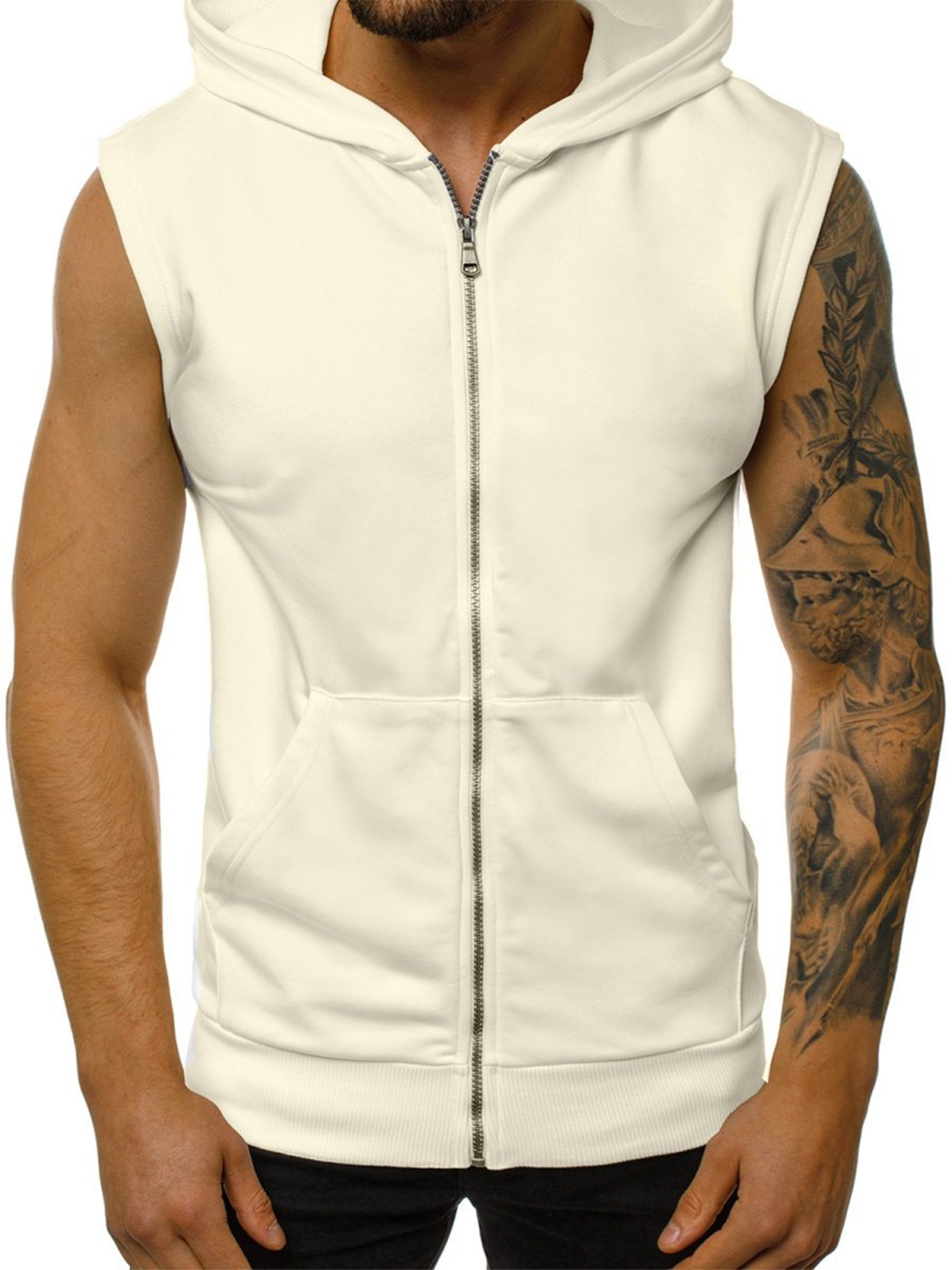 Innerwin Débardeurs à Capuche Sans Manches pour Hommes Été Fermeture Éclair Coupe Régulière Blanc 2TG
