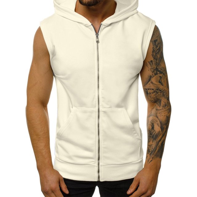 Innerwin Débardeurs à Capuche Sans Manches pour Hommes T-Shirt d'Été à Fermeture Éclair Coupe Régulière Blanc G