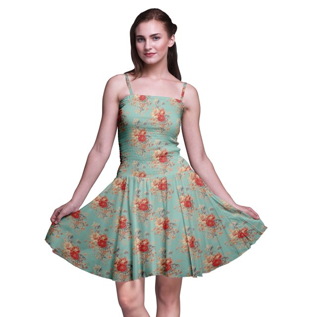 Bimba Robe Soleil Mini pour Femmes à Bretelles Spaghetti, Haut à Taille Smockée Imprimé Floral - Grand