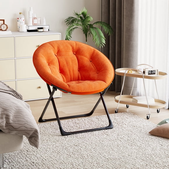 X-Large Black Faux Fur Folding Saucer Chair - Comfy Cozy Reading Lounge Chair with Thick Padded Seat & Metal Frame, Modern Style for Kids/Adults (Bedroom/Living Room)