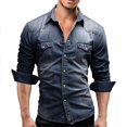 thumbnail image 4 of Men Denim Long-Sleeve Beefy Button Basic Solid Blouse Tee Shirt Top, 4 of 9