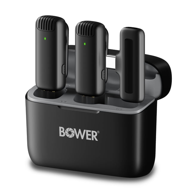 Bower Dual Wireless Microphone System with Noise Reduction, Charging Case & USB-C Receiver showing two black clip-on wireless microphones and a USB-C receiver in a compact matte black charging case with the Bower logo, designed for clear, noise-reduced audio and hands-free recording with plug-and-play setup.