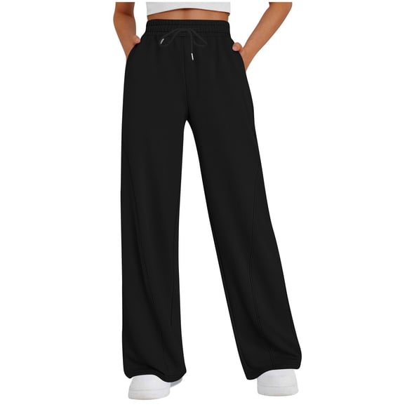 aohooy Womens Fall Pants Oversized Wide Leg Sweatpants High Waisted Drawstring Baggy Athletic Joggers Trousers Black,M