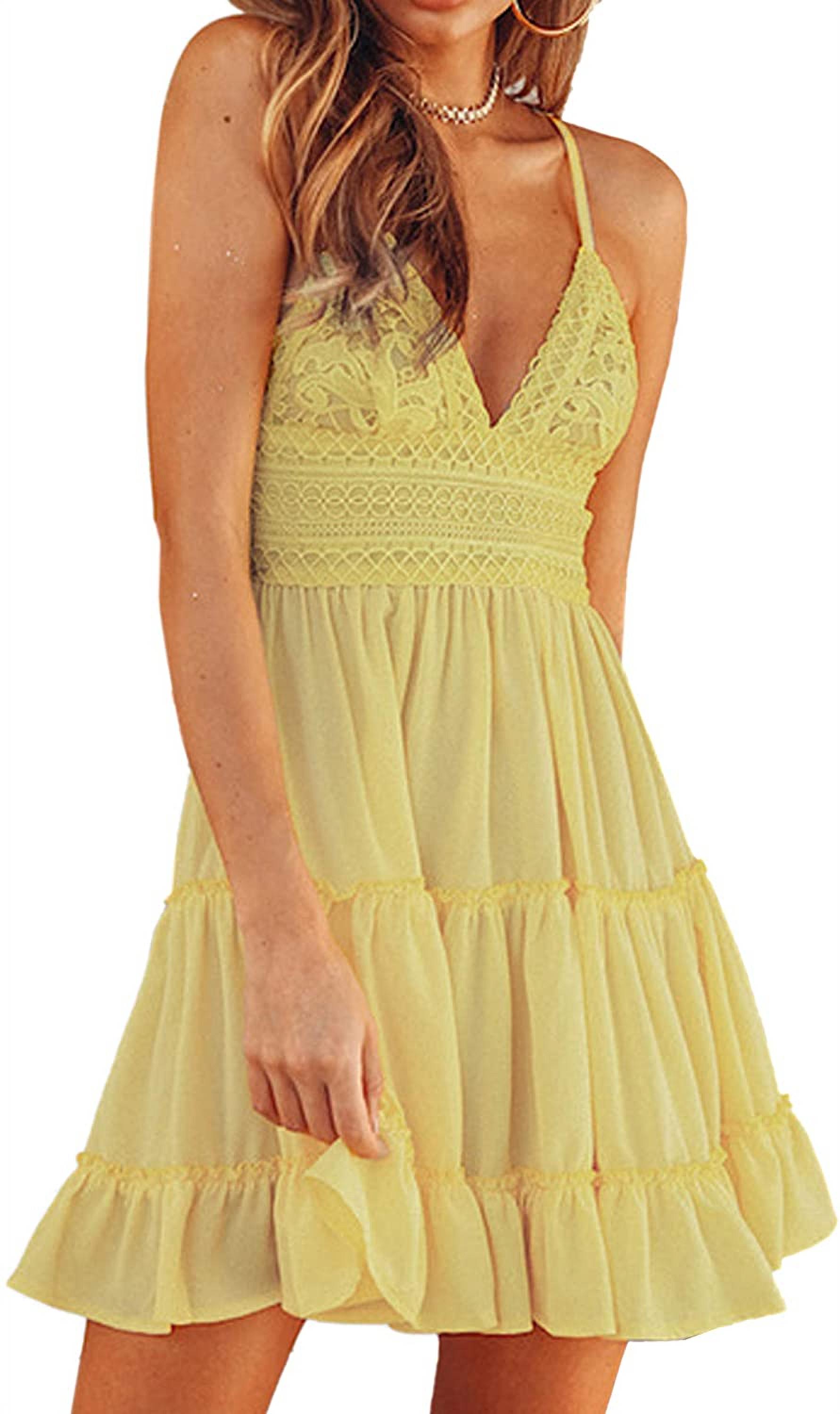 Womens V-Neck Spaghetti Strap Bowknot Backless Sleeveless Lace Mini Swing Skater Dress