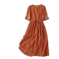 thumbnail image 3 of Sentmoon Robe d'Été à Col Rond à Manches Courtes Robes Décontractées pour Femmes Broderie Coupe Ample à Lacets Grande Taille Robe en Lin pour Femmes Confortable Vacances pour l'Été et les Vacances Orange G, 3 of 7