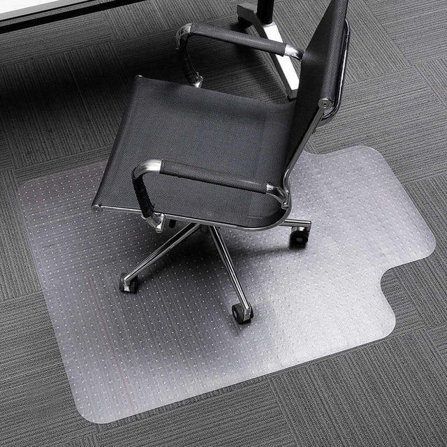 Office Chair Mat for Carpet Floor, 36" x 48" PVC transparent carpet protector with lip and anti-slip spiked underside. The translucent mat is shown placed under a black office chair on a low-pile carpet. Designed to reduce chair rolling effort and protect carpets, it features a 2mm thick surface and 3mm spikes for stability. Suitable for office, home, or school use.