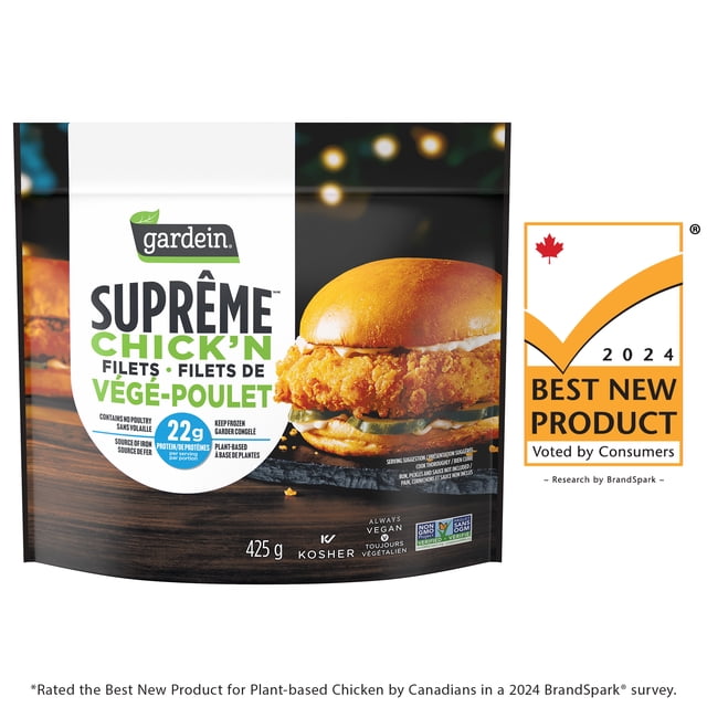 Gardein® Suprême™ Chick'n Filets 425 g package showing a plant-based breaded chick'n fillet sandwich with lettuce and sauce on a bun, containing 22 g protein per serving, kosher, vegan, and non-GMO verified, awarded Best New Product in Canada 2024.