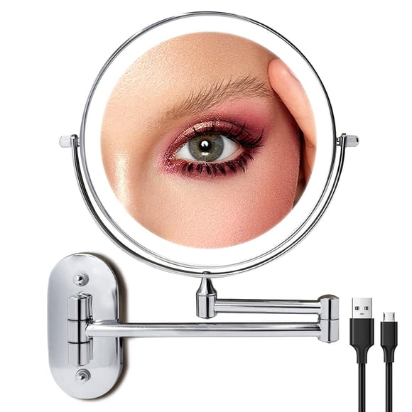 Rechargeable Lighted Makeup Mirror Wall Mount, Extendable Double Sided Vanity Mirror with 10X Magnification, 8 Inch Led Magnifying Mirror with 3 Color Lights, Articulating Bathroom Mirror Matt Nickel