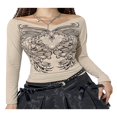thumbnail image 2 of Women Close-fitting Pullover T-shirts Autumn Spring White Printed Pattern Long Sleeve V-neck Tops Green M, 2 of 8