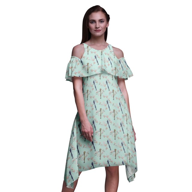 Bimba Green Bird Printed Womens Ruffle Front Cold Shoulder Swing Shift Dress - XXX-Large