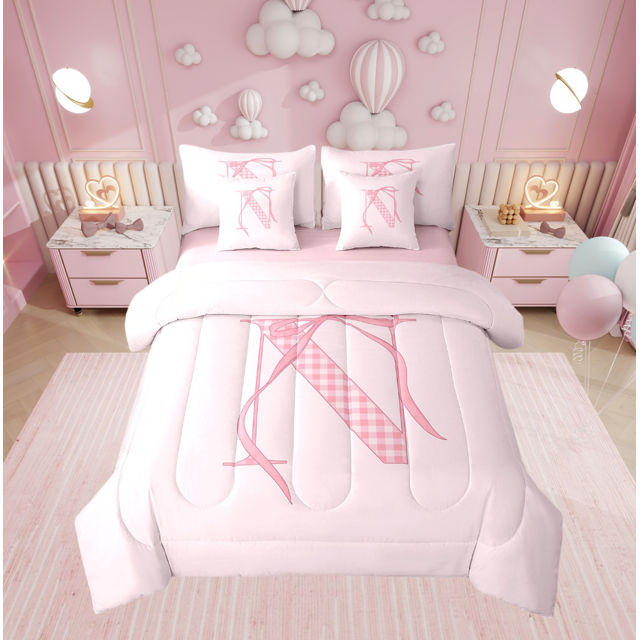 Erosebridal Ensemble de Lit Nœud Papillon Rose Girly Taille Grand, Initiale a à Z, Décoration Initiale N, Réversible 7 Pcs