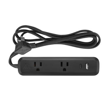 Globe Electric 2-Outlet Black Flat Plug Power Strip with USB Charging Ports and 6 ft Fabric Extension Cord