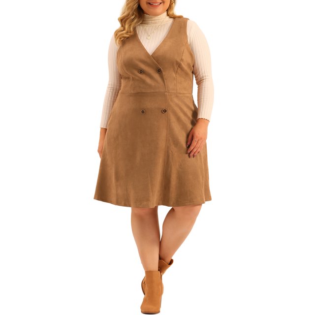 GRACE & GRANDEUR Robe Salopette pour Femme Grande Taille à Boutons Décontractée en Faux Suède Marron 4X