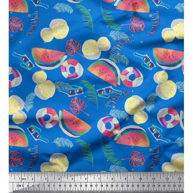 Soimoi Poly Georgette Fabric Fruits,Swim Ring & Goggles Summer Designs Printed Fabric 1 Yard 42 Inch Wide
