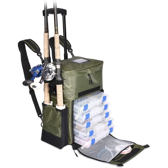 X-Large 'Recon' Rolling Fishing Backpack, Tackle Box Storage Bag - Non-Corrosive Fishing Tackle Bag with (5X) 3650 Boxes - Fisherman Gifts for Men, Bags, Backpacks and Tackle Box Organizer (Green)