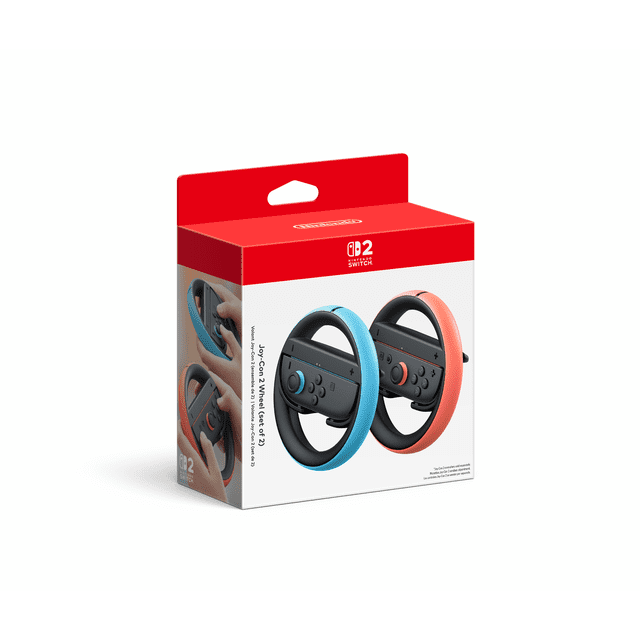 Joy-ConTM 2 Roues (Ensemble de 2) pour Nintendo Switch 2, Montrant Deux Accessoires de Volant Noirs avec Poignées Bleues et Rouges Qui Retiennent Solidement les Manettes Joy-ConTM 2 avec une Connexion Magnétique pour un Contrôle de Jeu de Course Réaliste, Aussi Adapté comme Accessoire de Jeu Confortable pour un Jeu Plus Long.