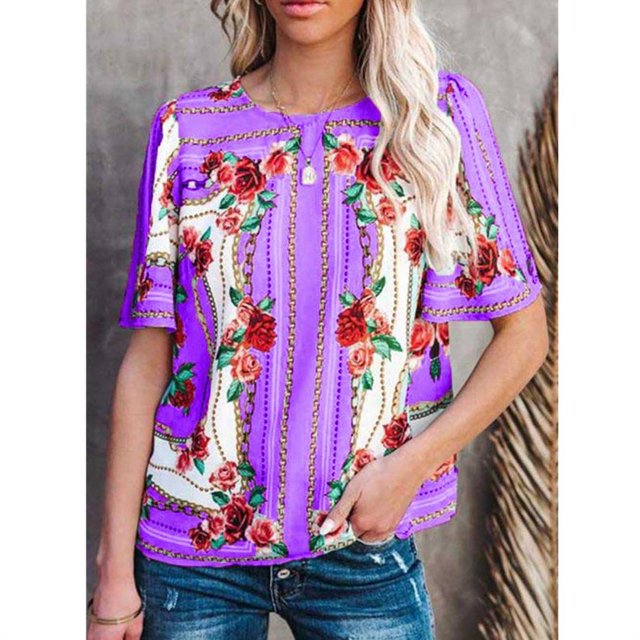 Nouveaux Hauts Décontractés Boho Aguichant à Col Rond Imprimé Floral pour Femmes, Manches Courtes Vintage, T-Shirts Grande Taille Coldker