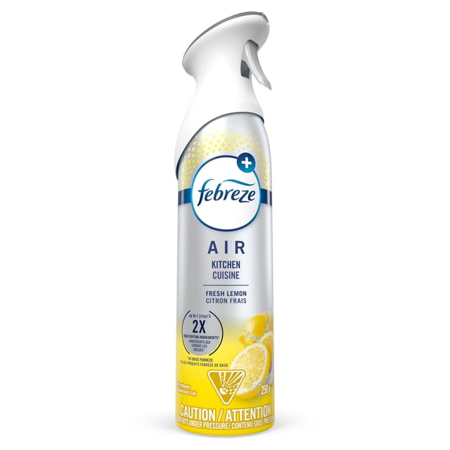 Febreze Air Effects Kitchen Odor Fighter Air Freshener Fresh Lemon Scent 250g spray bottle with white trigger and silver-yellow body featuring lemon slice graphics and 2X odor-fighting ingredients, designed to eliminate kitchen odors using natural propellant.