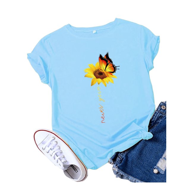 Innerwin T-Shirt Papillon Imprimé Lettres pour Femmes Manches Courtes Basique Bleu Ciel TTG