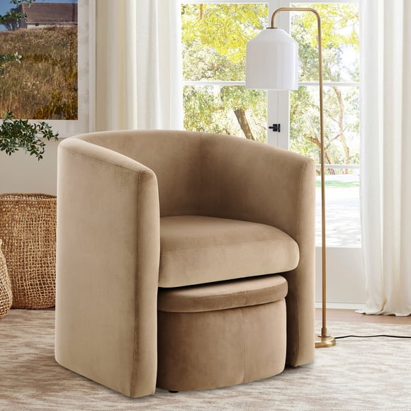 MALOL Upholstered Velvet Barrel Accent Chair with Storage Ottoman, Morden Living Room Side Tub Chair, Single Sofa Armchair with Lounge Seat for Bedroom/Reading Spaces, Khaki