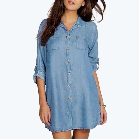 TIMIFIS Women's Button Down Denim Shirt Rompers Collared V Neck Loose Casual Long Sleeve Pocket Long Sleeve Jeans Dress Vacation Office Work Beach Blouse Top - Summer